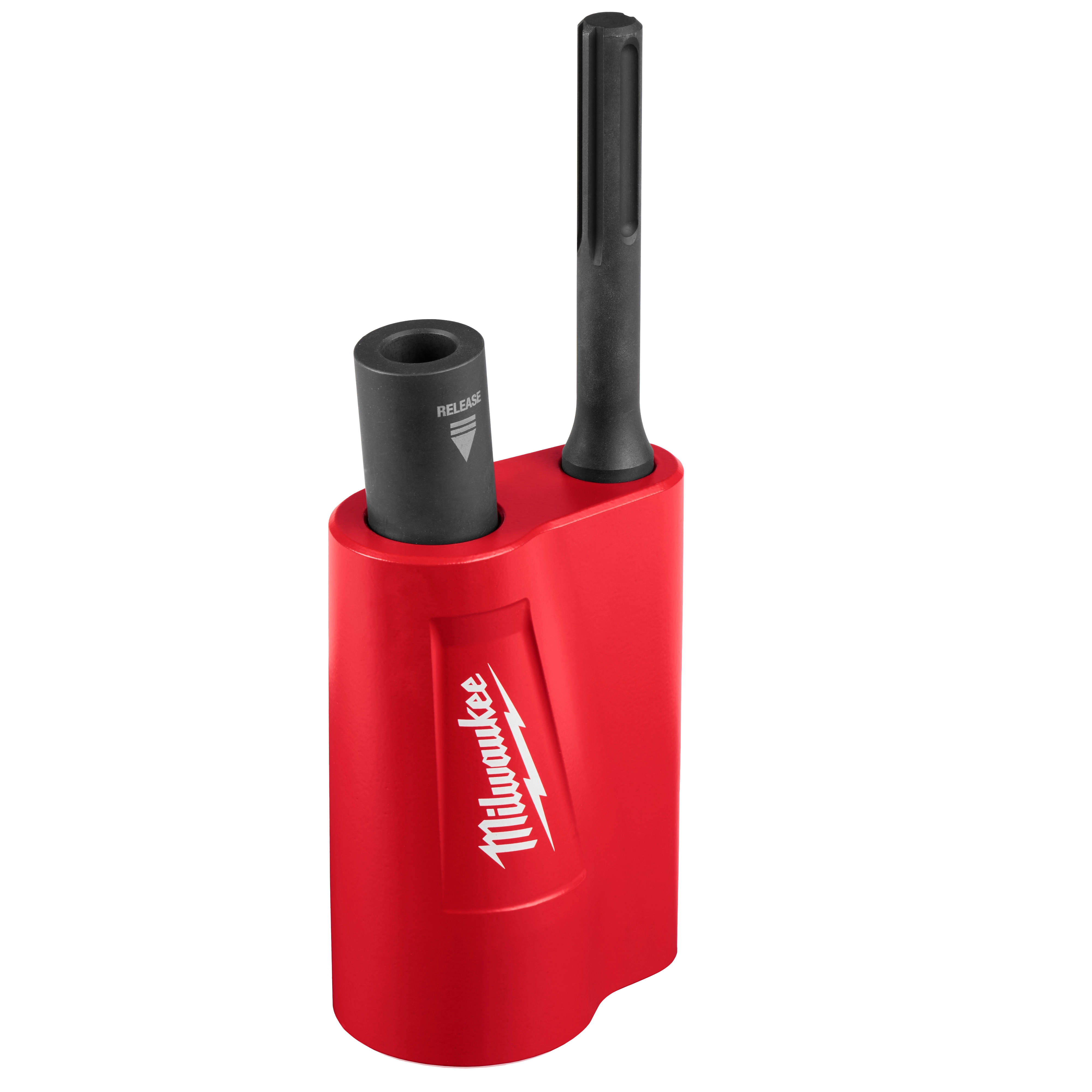 The SDS Max Side Load Ground Rod Driver is a red, cylindrical tool with two black components, designed for driving rods into the ground. It features a release button and a visible brand logo on the side.