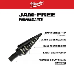 The 3/16 in. - 7/8 in. x 1/16 in. #4 Step Drill Bit (2 Pack) features Rapid Strike Tip, black oxide coating, dual flute design, laser-engraved ID, and a reduced 3-flat shank for jam-free performance.