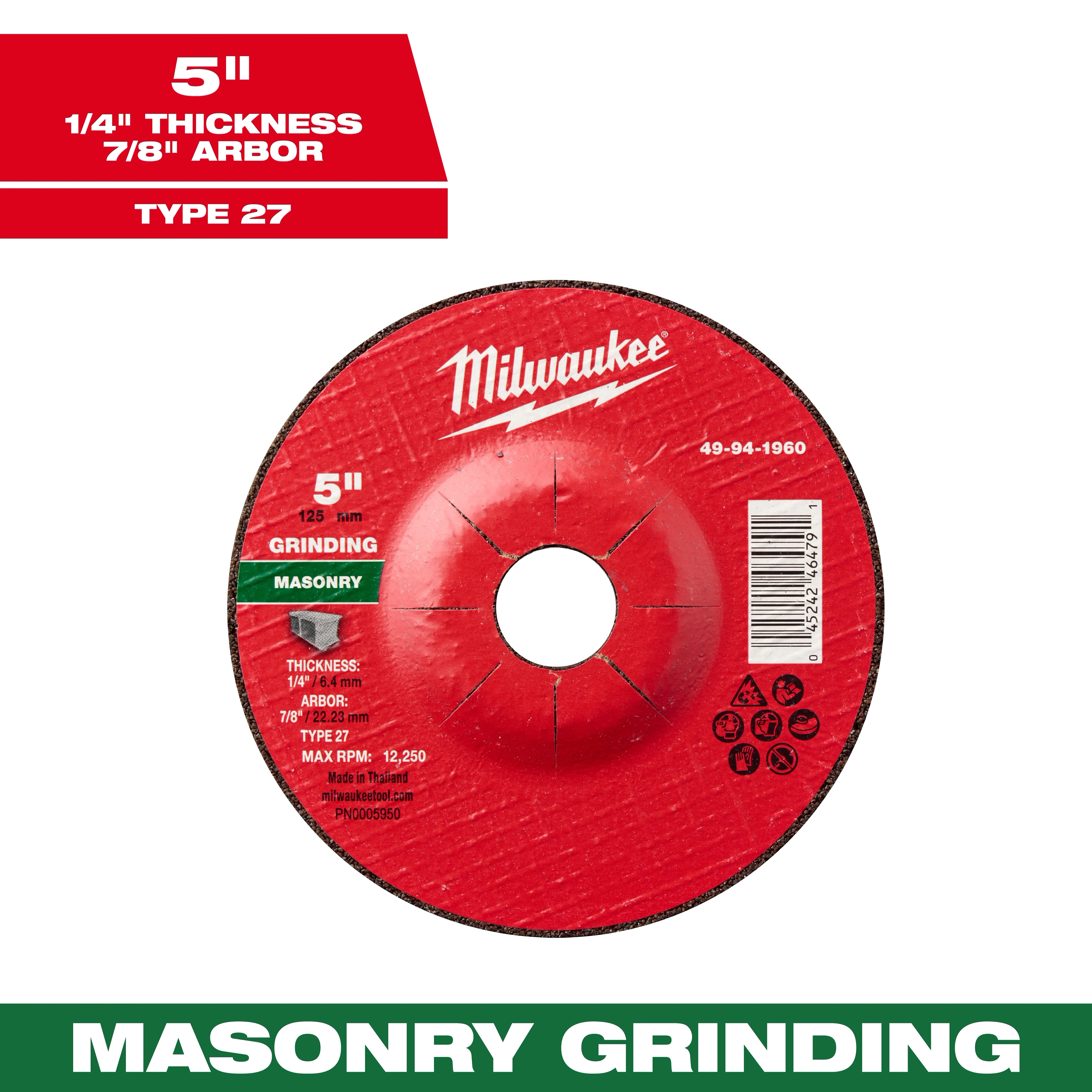 5" x 1/4" x 7/8" Masonry Grinding Wheel - Type 27 for grinding masonry surfaces. Red circular wheel with specifications listed.