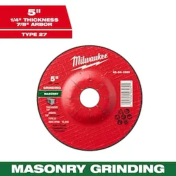 5" x 1/4" x 7/8" Masonry Grinding Wheel - Type 27 for grinding masonry surfaces. Red circular wheel with specifications listed.