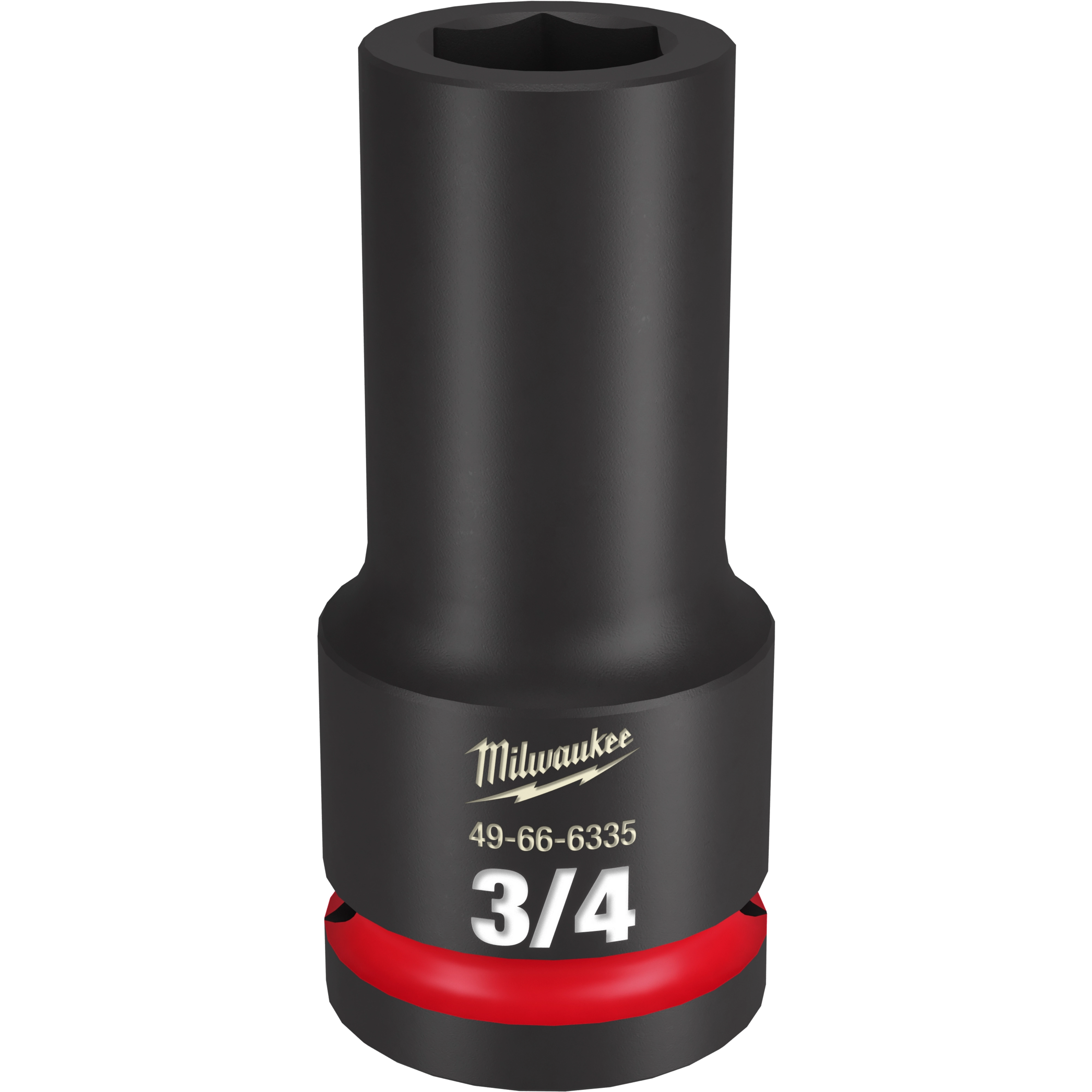 The image features a Milwaukee 3/4 DR 3/4 DEEP IMPACT SOCKET. The black socket is cylindrical with white text displaying "3/4" near the base and has a red ring near the bottom edge. The product number "49-66-6335" is also visible.