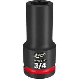 The image features a Milwaukee 3/4 DR 3/4 DEEP IMPACT SOCKET. The black socket is cylindrical with white text displaying "3/4" near the base and has a red ring near the bottom edge. The product number "49-66-6335" is also visible.