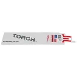 The 6" 18 TPI TORCH™ SAWZALL® Blade for Medium Metal (25 PK) is a metal cutting blade marked "TORCH" and "MEDIUM METAL" in gray, with an American flag and product specifications on the right end.