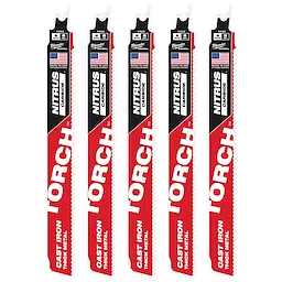 Five red and black 9" 8TPI TORCH™ with NITRUS™ Carbide SAWZALL® Blades for Cast Iron (5 PK) are shown in a row, each featuring American flags, product branding, and specifications.