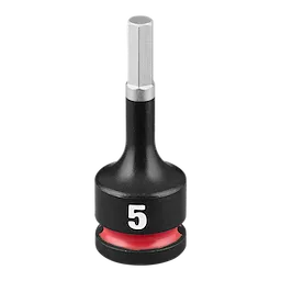 The SHOCKWAVE Impact Duty 3/8" Drive 2" Hex 5mm Bit Socket is a black socket bit with a silver hex head and a red ring near the base.