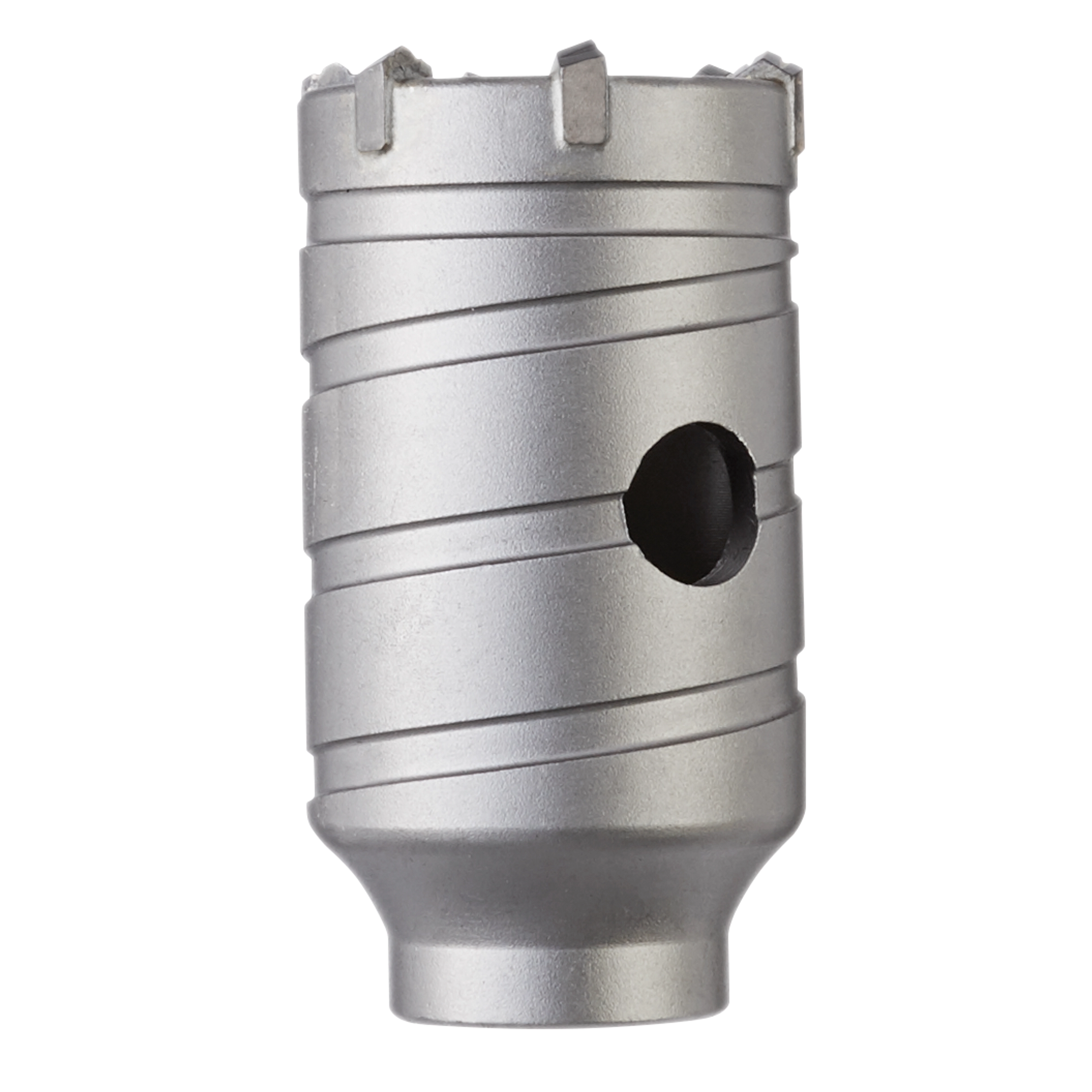 The SDS+ CORE 1-9/16" x 2" is a cylindrical drill bit with a metallic finish, featuring spiral grooves and a hole on its side. The top has multiple cutting teeth for effective drilling.