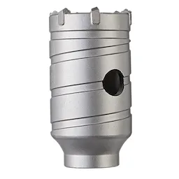 The SDS+ CORE 1-9/16" x 2" is a cylindrical drill bit with a metallic finish, featuring spiral grooves and a hole on its side. The top has multiple cutting teeth for effective drilling.