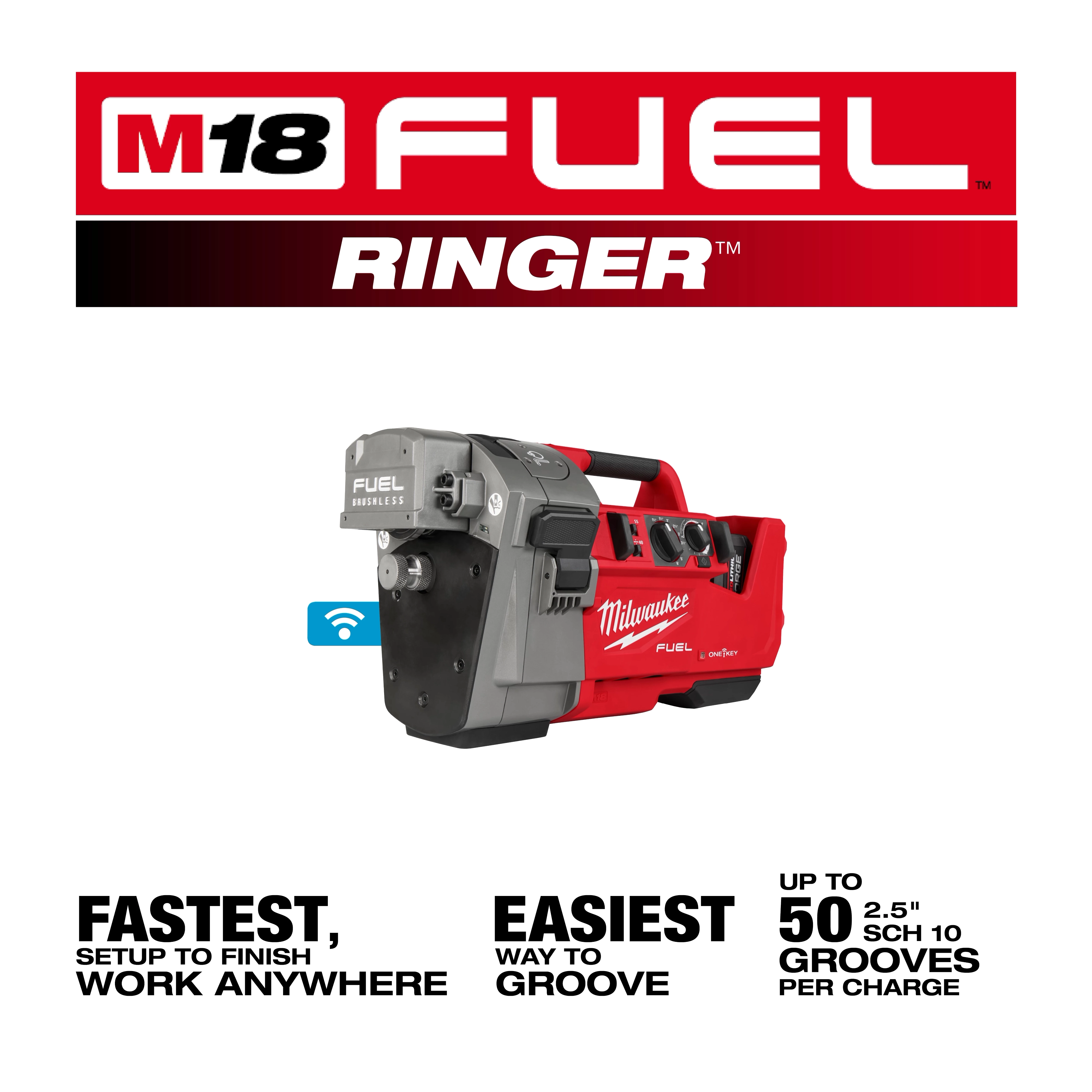 The image shows the M18 FUEL™ RINGER™ Roll Groover for 1-1/4” - 4” Sch 10/40, 6” Sch 10. It’s a red and black tool designed for efficient pipe grooving, with text highlighting its fast setup, ease of use, and capability of up to 50 grooves per charge.