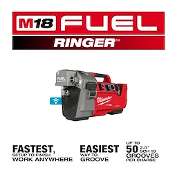 The image shows the M18 FUEL™ RINGER™ Roll Groover for 1-1/4” - 4” Sch 10/40, 6” Sch 10. It’s a red and black tool designed for efficient pipe grooving, with text highlighting its fast setup, ease of use, and capability of up to 50 grooves per charge.