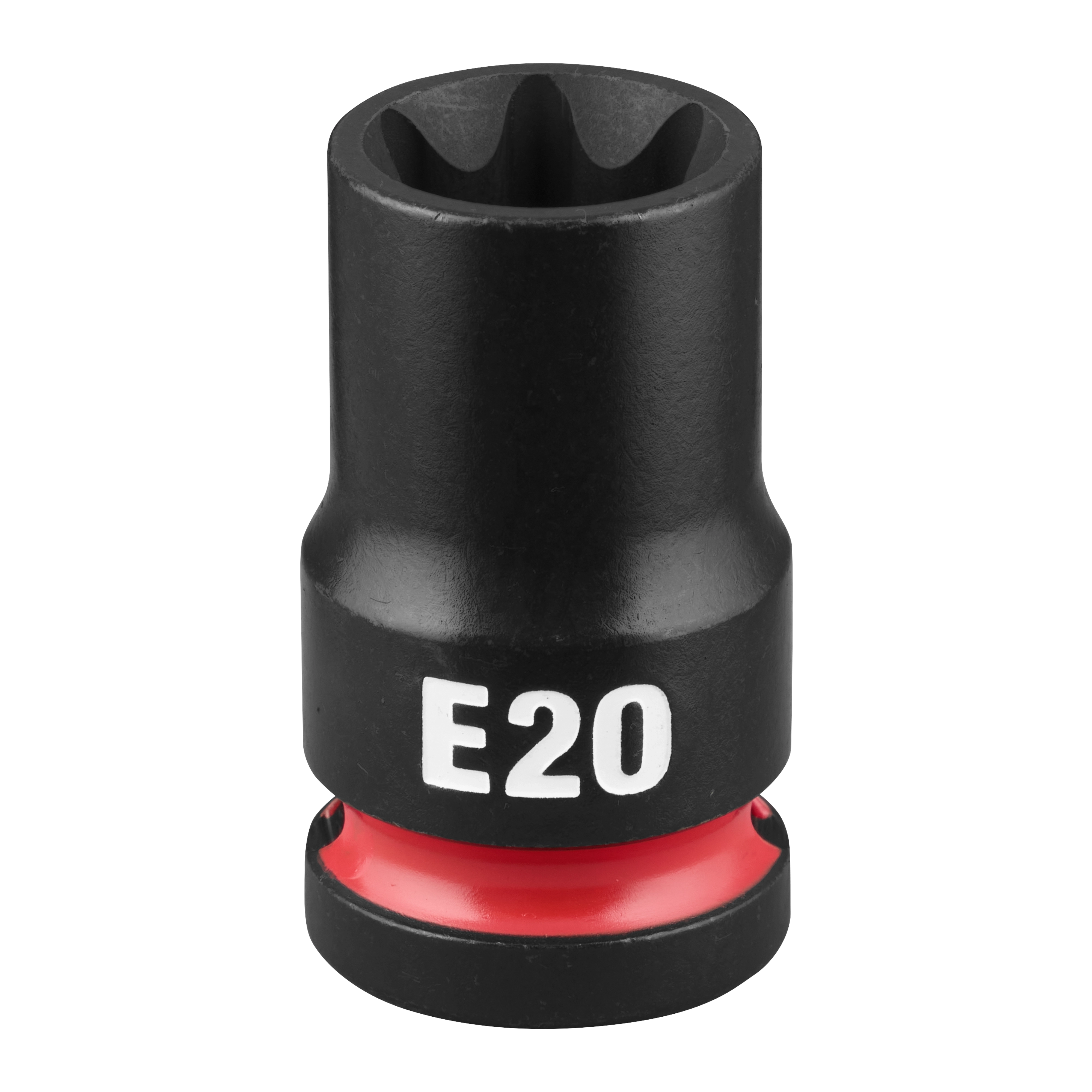 SHOCKWAVE Impact Duty 1/2" Drive E-Torx E20 Bit Socket standing upright with E20 marking and red band near base.