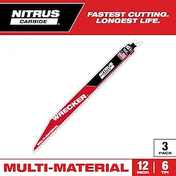 Nitrus Carbide Wrecker saw blade, 12 inches long with 6 teeth per inch, designed for multi-material cutting. Comes in a pack of three. The packaging highlights "Fastest Cutting. Longest Life." in the top right corner.