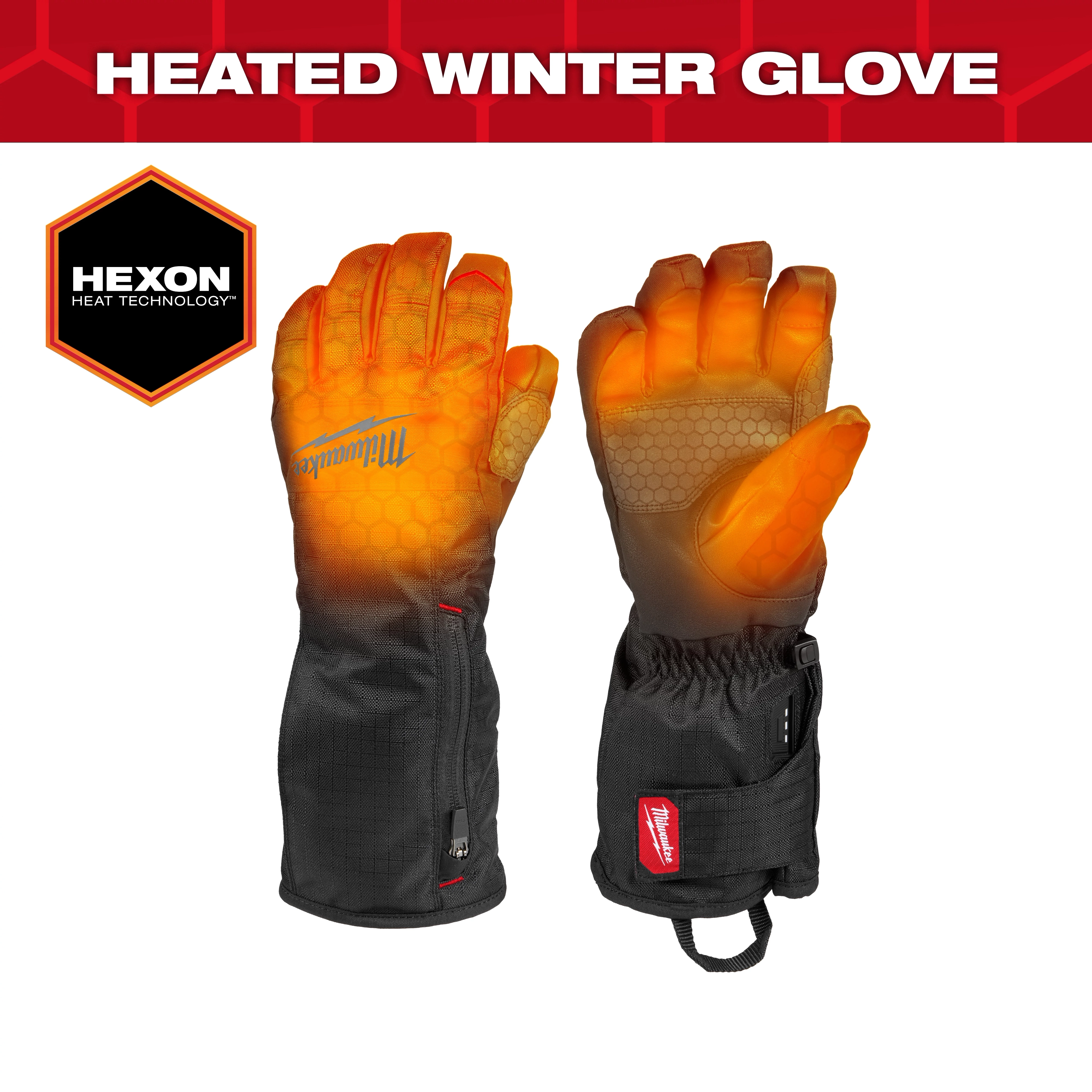 Heated Winter Gloves with Hexon Heat Technology by Milwaukee are displayed. The image shows a black glove with heating elements highlighted in orange. A hexagon logo that says "Hexon Heat Technology" is also visible.