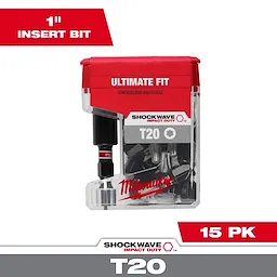 This image shows the SHOCKWAVE™ 1" T20 Impact Duty Bit (15 PK) Tic Tac with Bit Holder. The package features a red and transparent design, highlighting the bits and holder inside. The "Ultimate Fit" and "Milwaukee" branding are visible on the front.