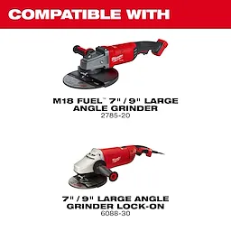 Product image displays compatibility of 7"/9" Surface Grinding Dust Shroud with M18 Fuel 7"/9" Large Angle Grinder 2785-20 and Large Angle Grinder Lock-On 6088-30.