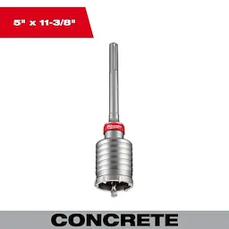 5" x 11-3/8" One Piece SDS Max Core Bit, with a silver body and red collar, suitable for concrete drilling.