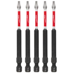 The image shows five SHOCKWAVE™ 3-1/2" Impact TORX® T15 Power Bits (5 PK) arranged vertically. Each bit has a black and red design, with the "Milwaukee" logo in white on the red section and "T15" labeled on the black section.