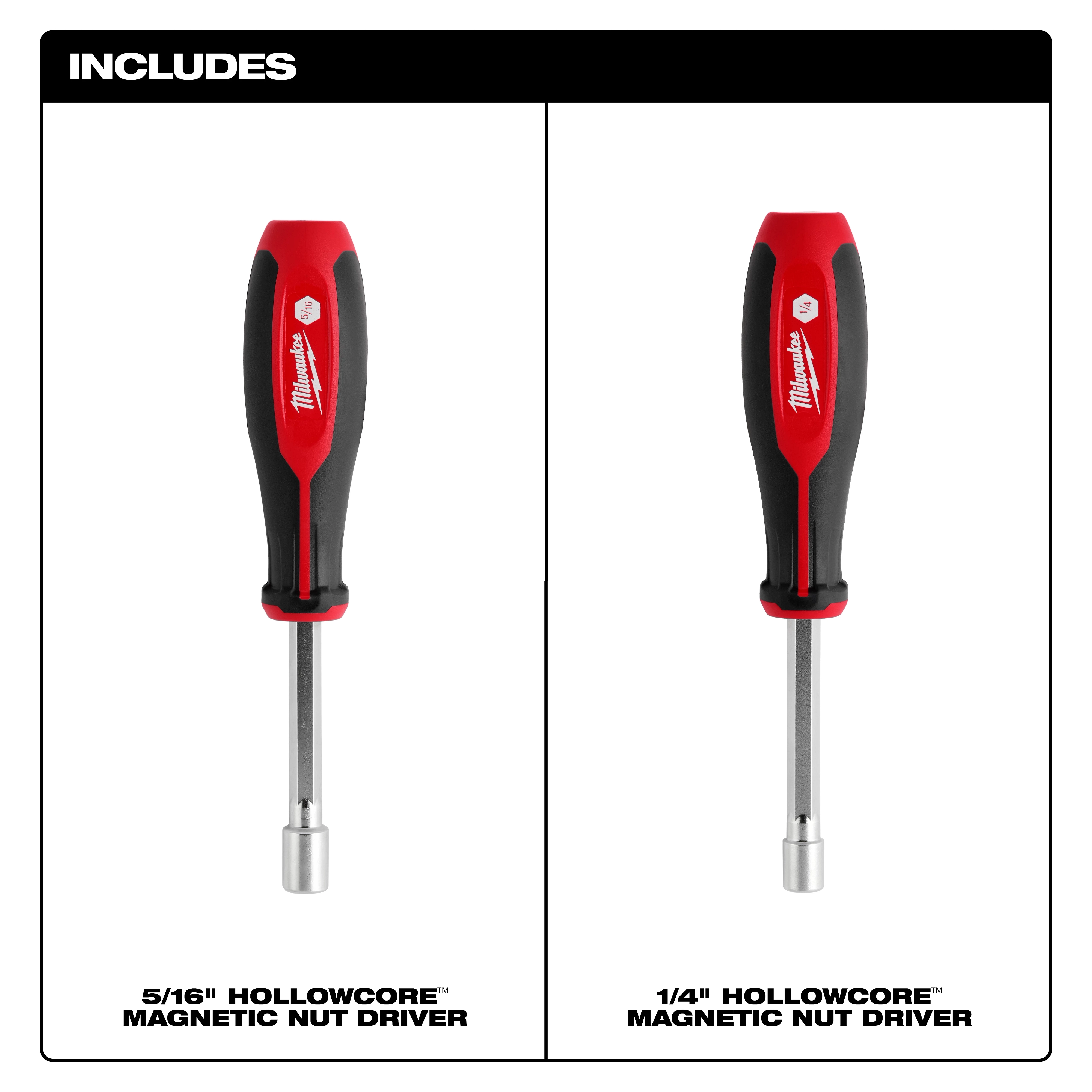 2pc SAE HollowCore Magnetic Nut Driver Set includes one 5/16" and one 1/4" magnetic nut driver with red and black handles.