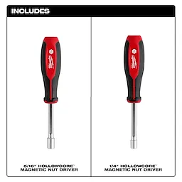 2pc SAE HollowCore Magnetic Nut Driver Set includes one 5/16" and one 1/4" magnetic nut driver with red and black handles.