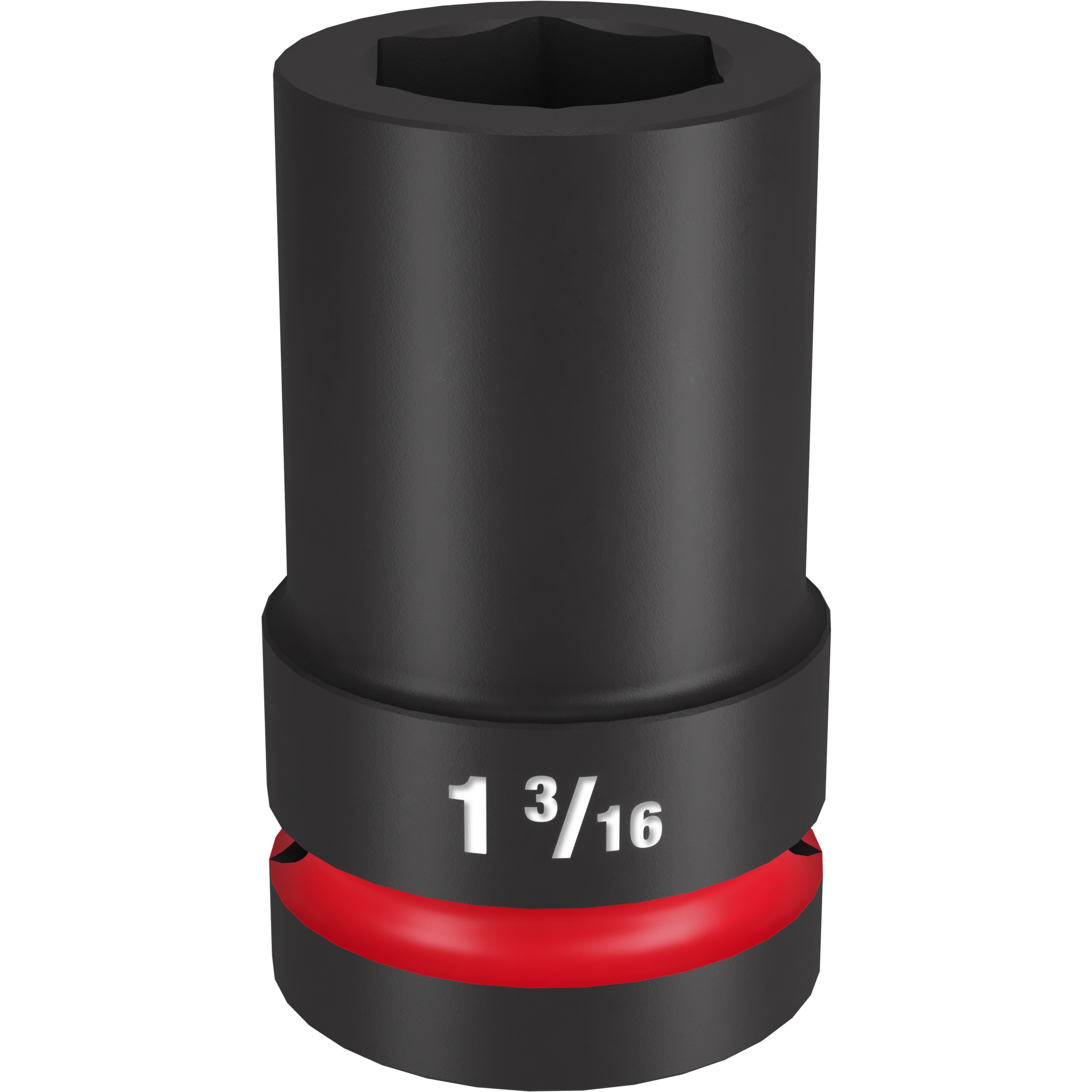 The 1" DR 1-3/16 Deep Impact Socket is a black, cylindrical tool with a hexagonal opening. It features a red ring near the base and the size marking "1 3/16" printed in white. Suitable for heavy-duty applications.