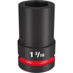 The 1" DR 1-3/16 Deep Impact Socket is a black, cylindrical tool with a hexagonal opening. It features a red ring near the base and the size marking "1 3/16" printed in white. Suitable for heavy-duty applications.