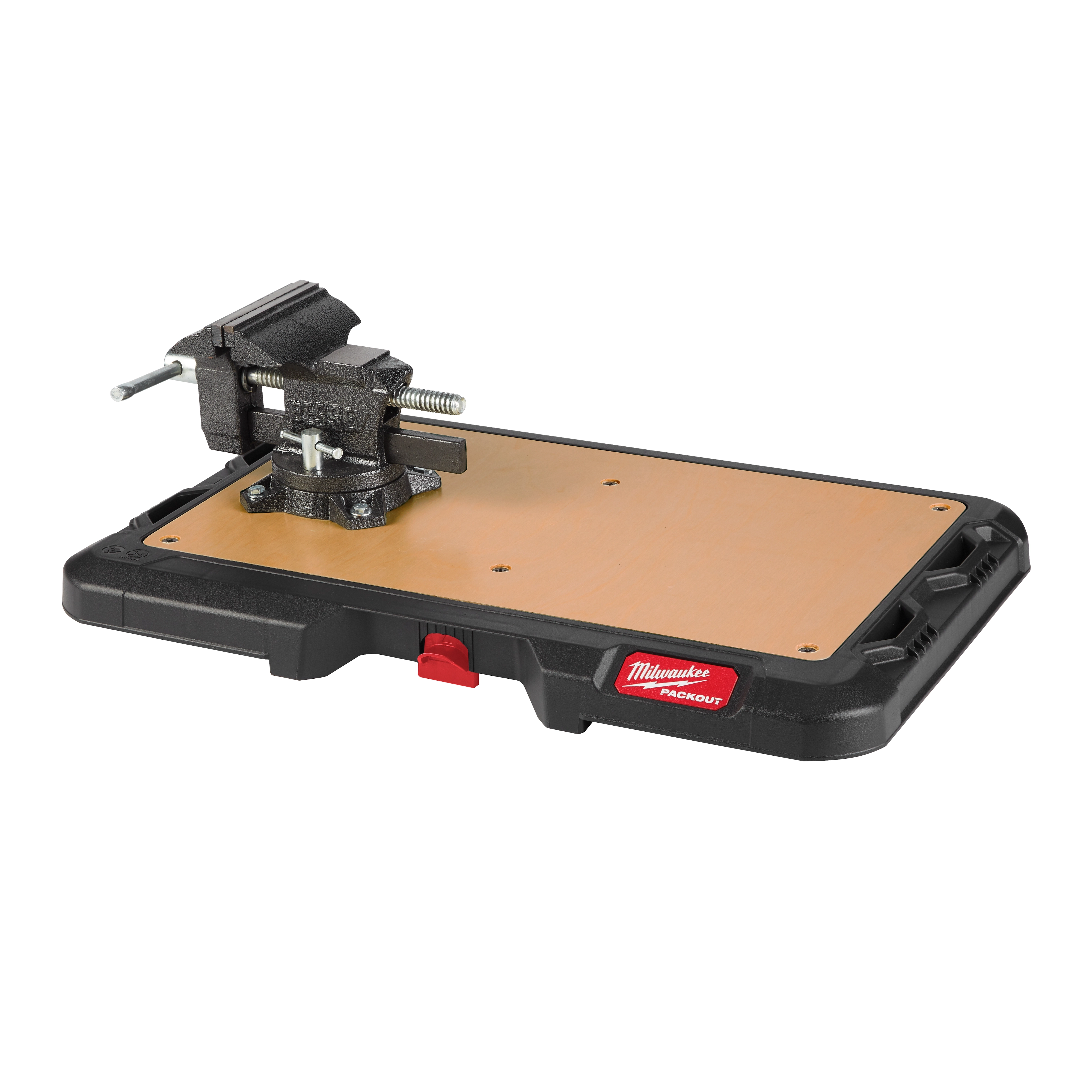 PACKOUT Customizable Work Top with a black and reddish design, featuring a mounted vise on a wooden work surface.