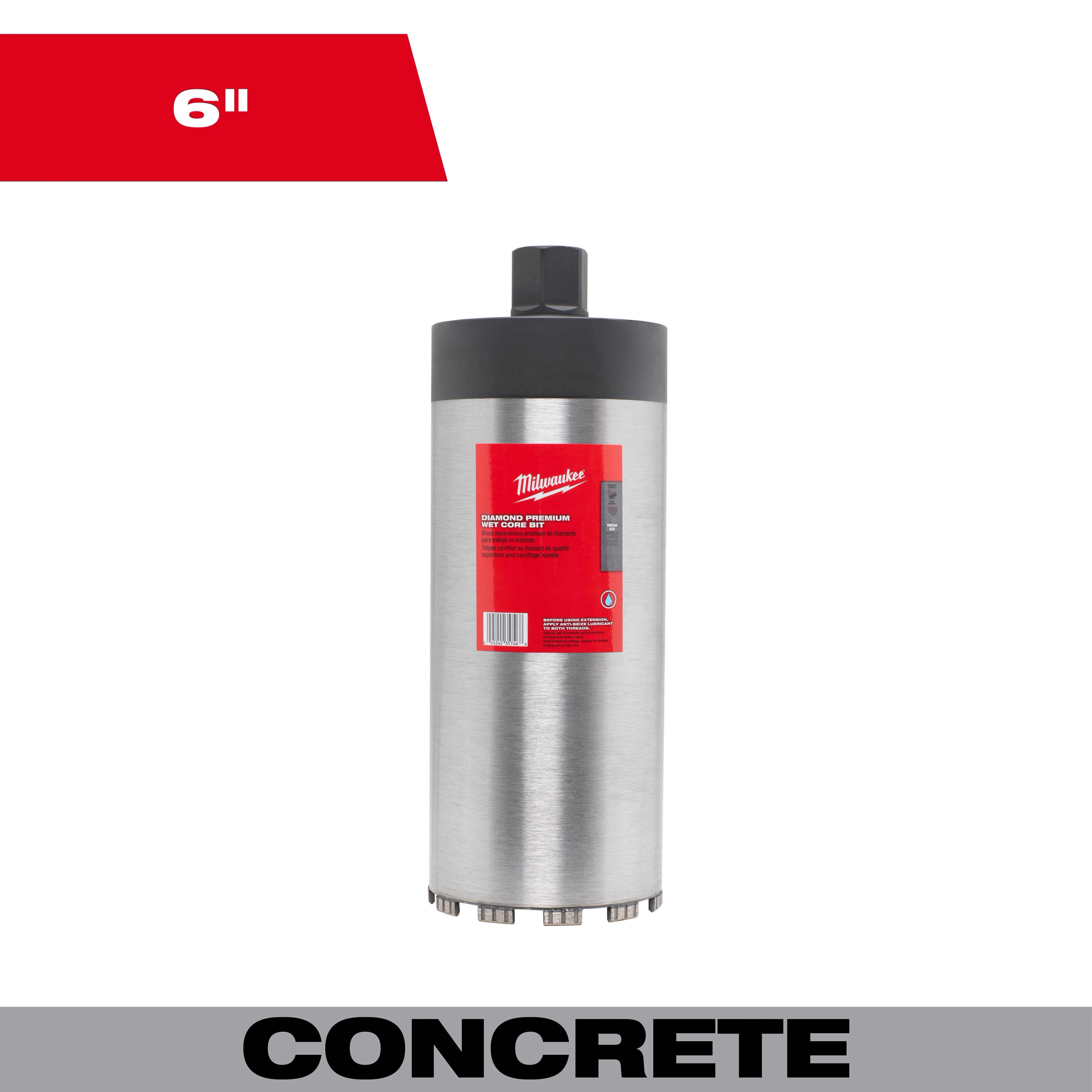 6" Diamond Premium Wet Core Bit for concrete, featuring a metallic body with a black top and a red label detailing the product.
