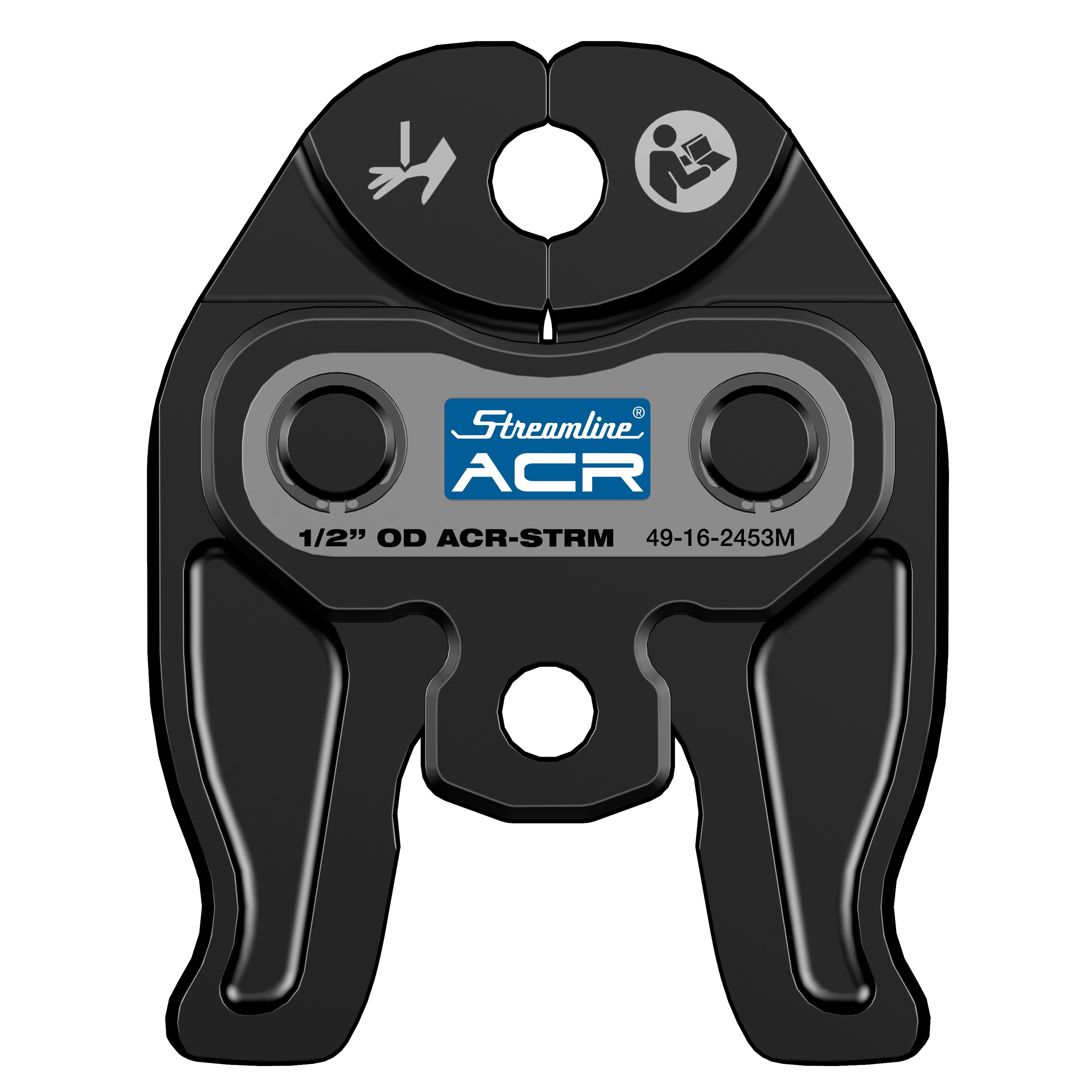 Half-inch Streamline ACR Press Jaw for M12 FORCE LOGIC Press Tool, black with blue and white label, two bolts on top.