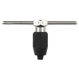 Tap Collet for Taps up to 1/2” & T Handle Bar is a metal hand tool consisting of a T-shaped handle and a cylindrical grip with a chuck for holding taps securely. Designed for threading and tapping tasks, the handle provides good leverage for precise control.