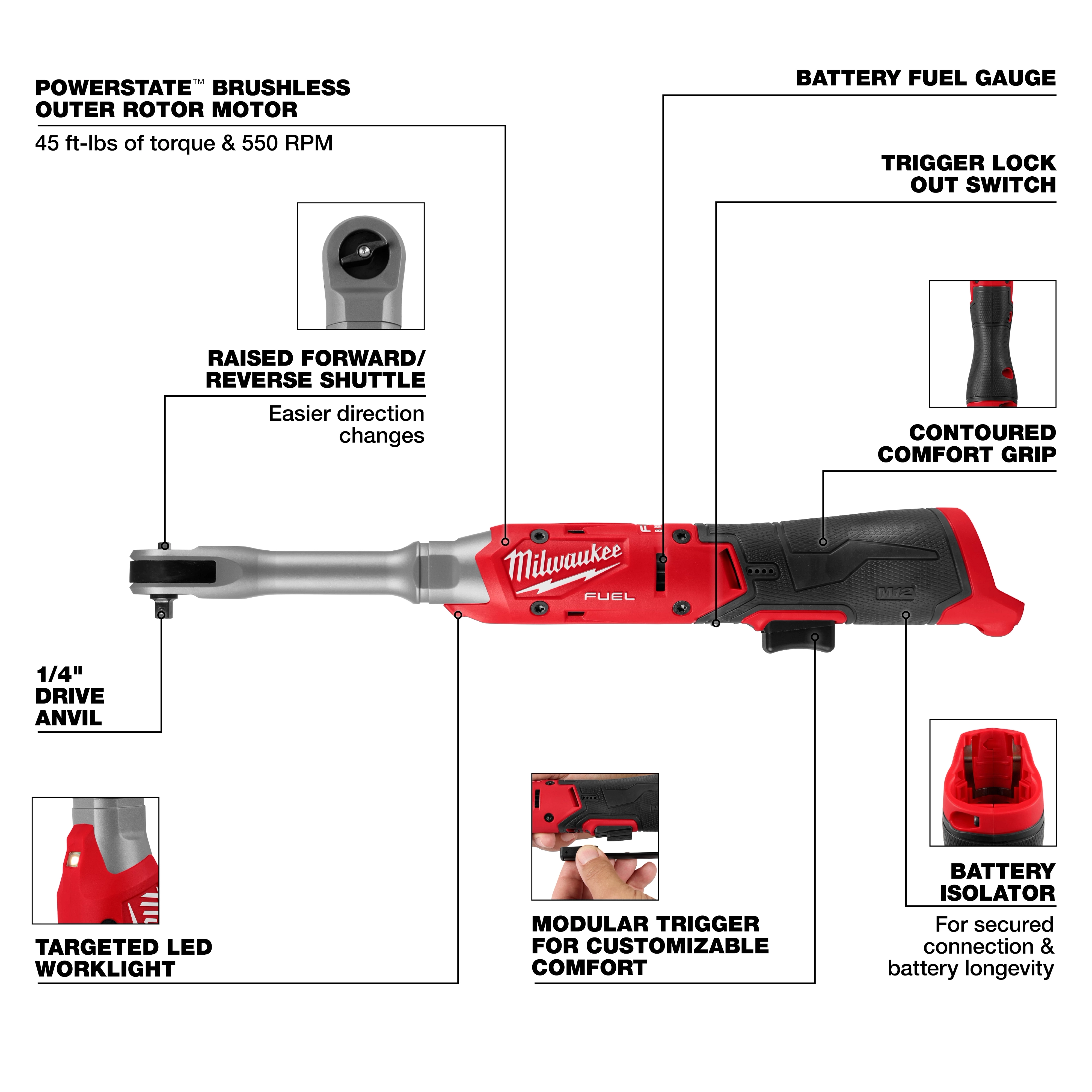 M12 FUEL 1/4" Extended Reach Ratchet with labeled features and close-ups of key components.