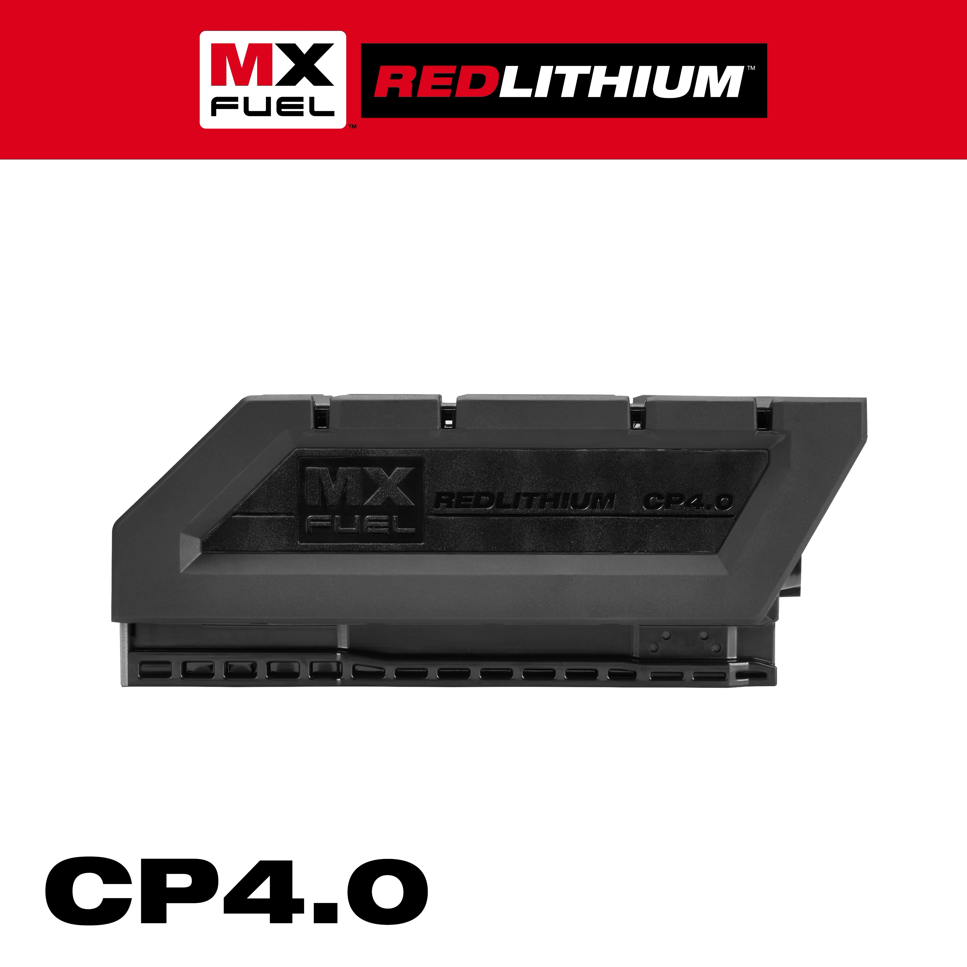 MX FUEL REDLITHIUM CP4.0 Battery Pack displayed against a red and white background.