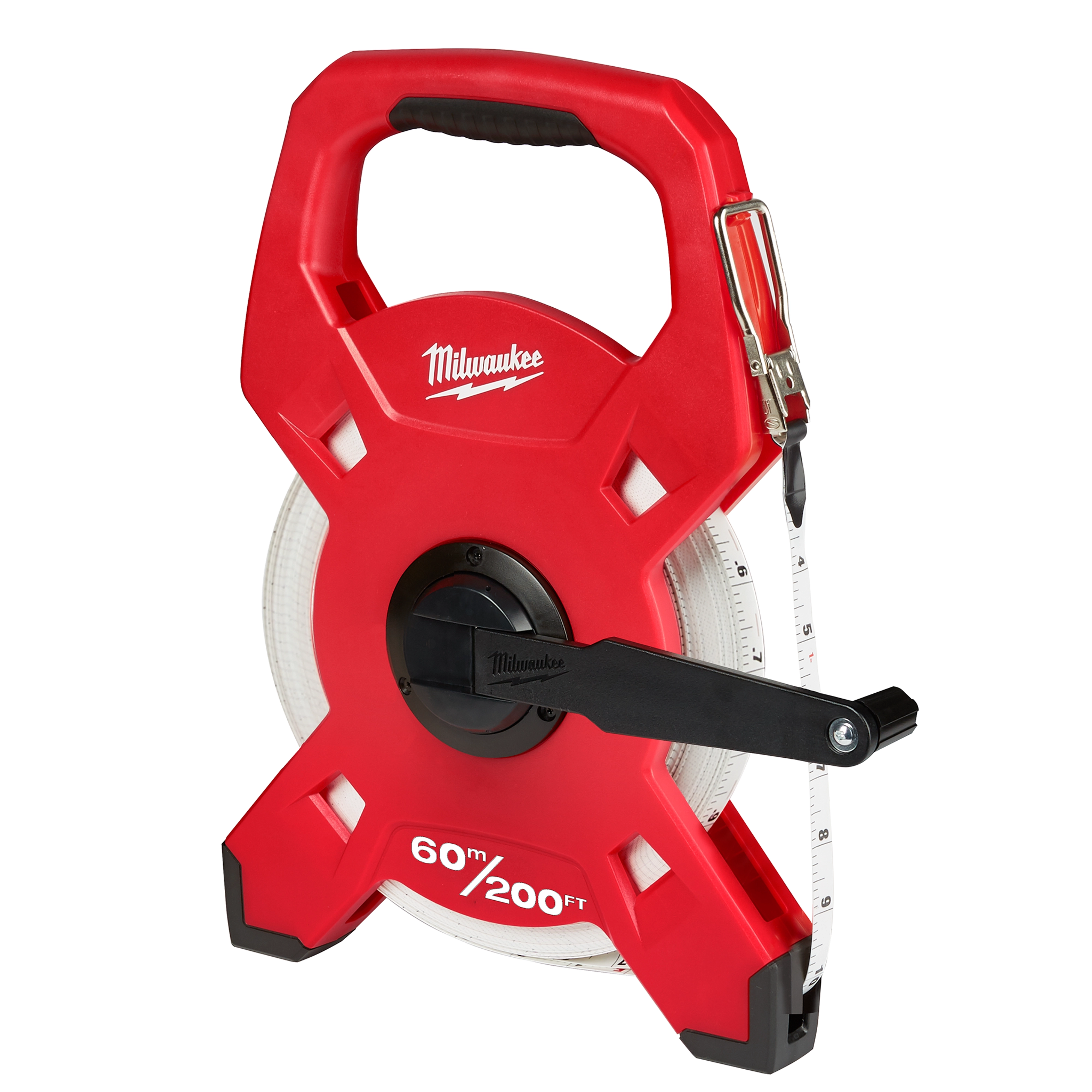 Red 60m/200ft Fiberglass Long Tape with a black crank handle, built-in metal hook, and protective casing.