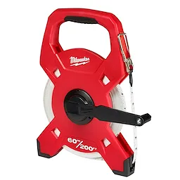 Red 60m/200ft Fiberglass Long Tape with a black crank handle, built-in metal hook, and protective casing.