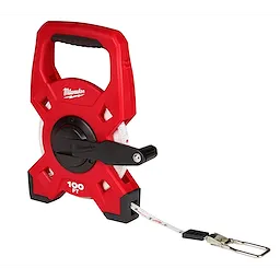 Red 100ft Fiberglass Long Tape with a handle, manual winding crank, and metal end clip for measuring long distances.