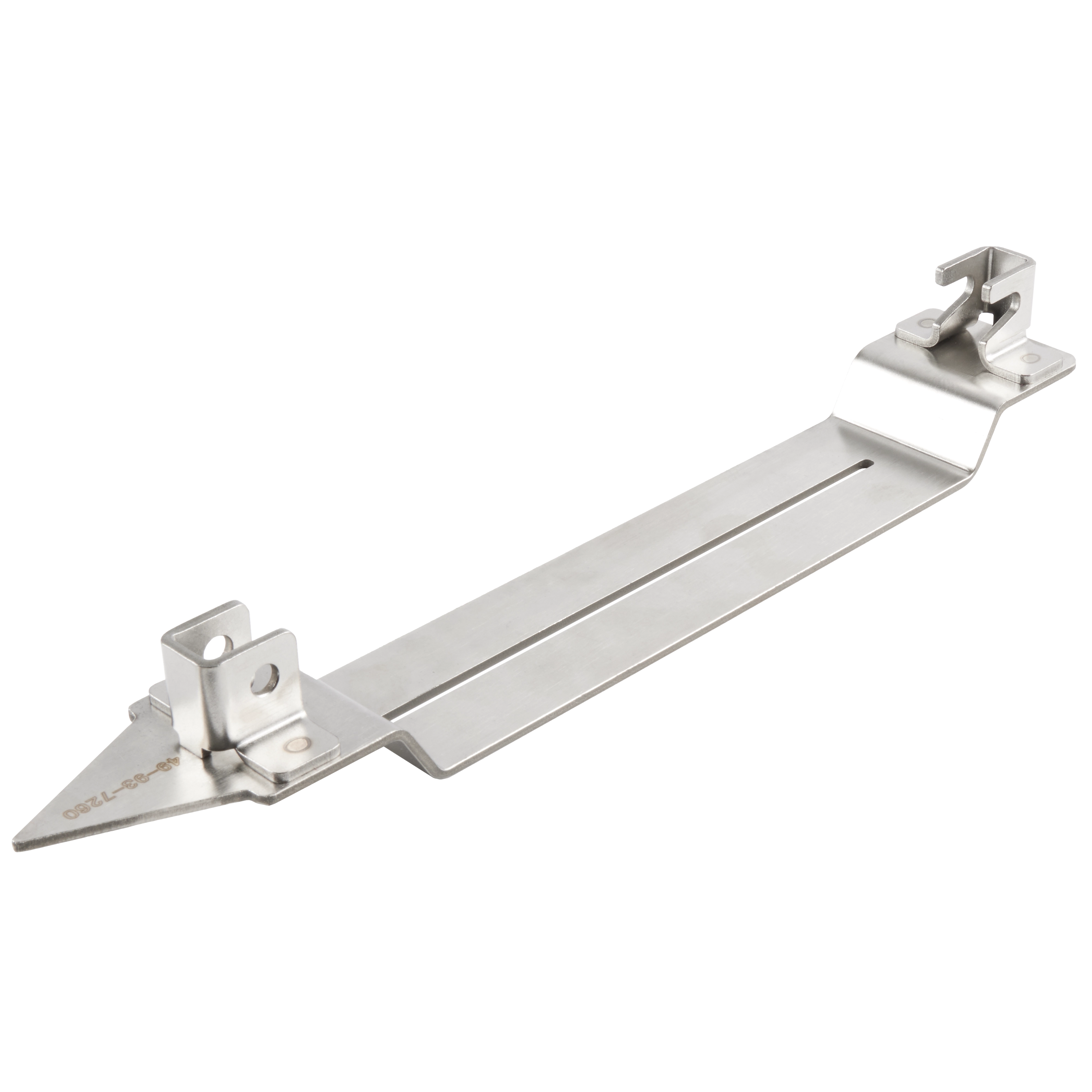 6" Skid Plate, stainless steel construction, features mounting holes and slots for attachment, angular design on one end.