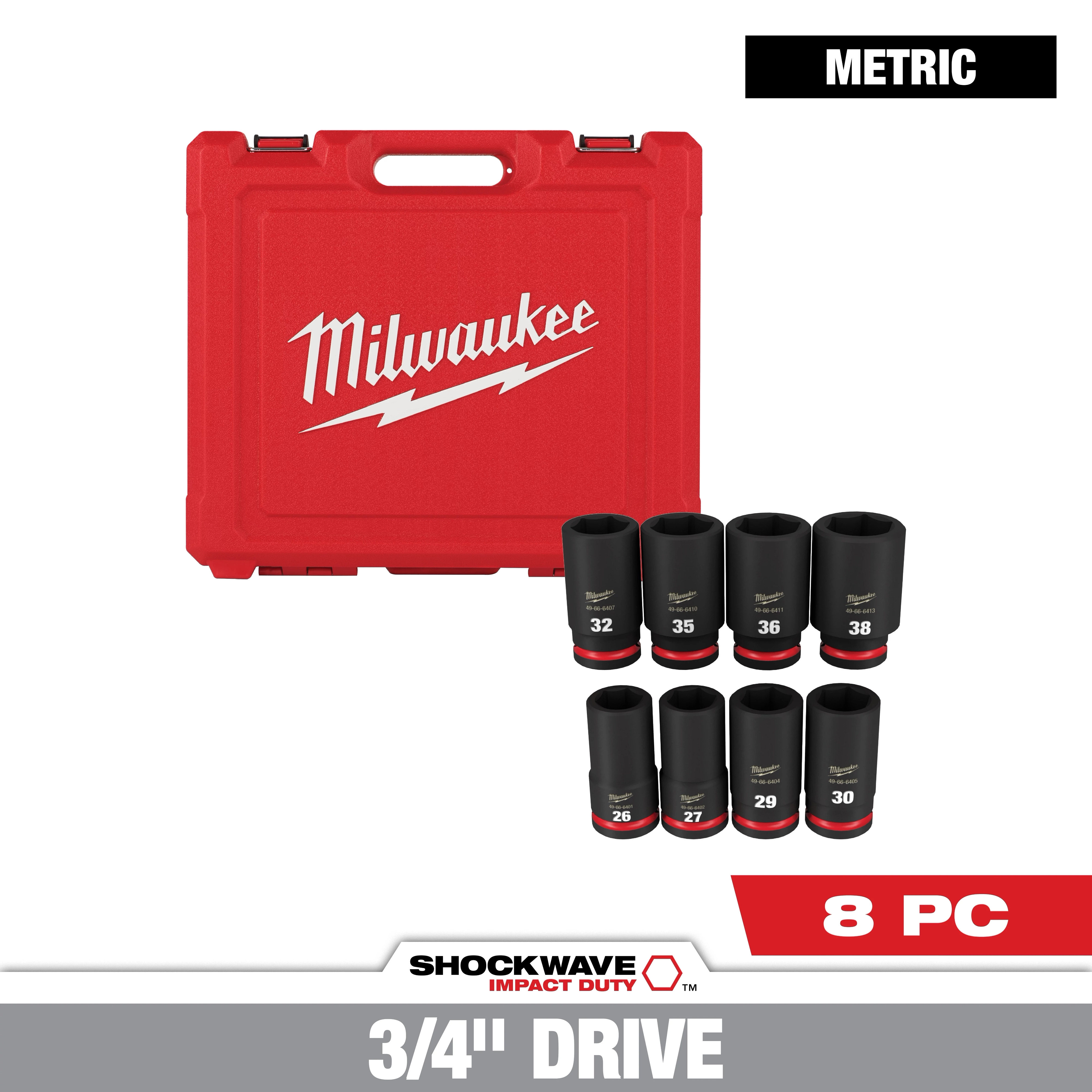 Milwaukee SHOCKWAVE 3/4 in. Drive Metric Deep Well 6 Point Impact Socket Set (8-Piece). Features eight black metric sockets in sizes 26-38 mm, with a durable red carrying case labeled “Milwaukee”. Suitable for heavy-duty impact applications.