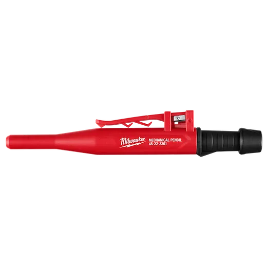 Milwaukee Mechanical Pencil with a textured grip, pocket clip, and a built-in sharpener. The Mechanical Pencil is designed for precise writing and drawing tasks.