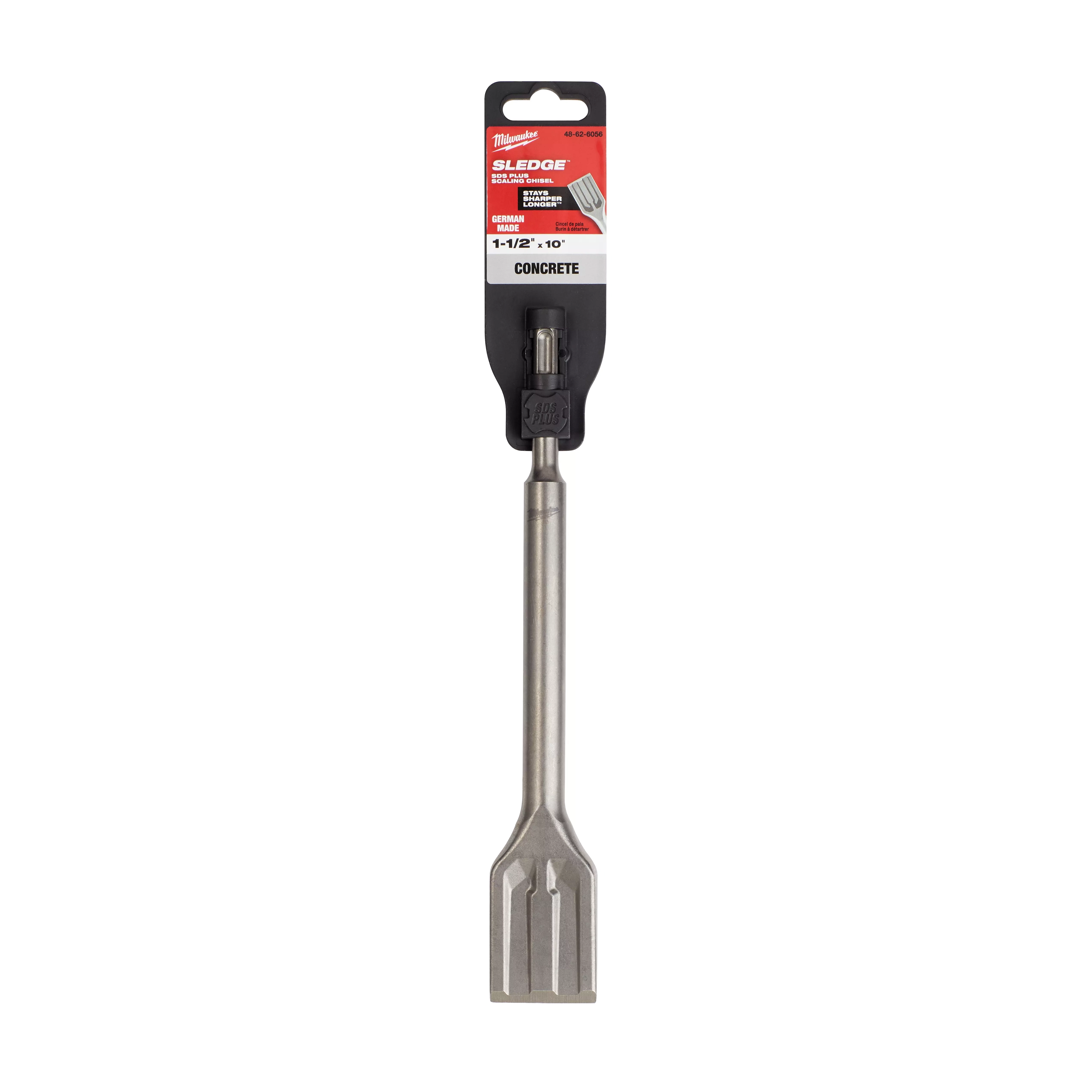 SDS-PLUS SLEDGE 1-1/2" Scaling Chisel with a silver body and black packaging for use on concrete surfaces.