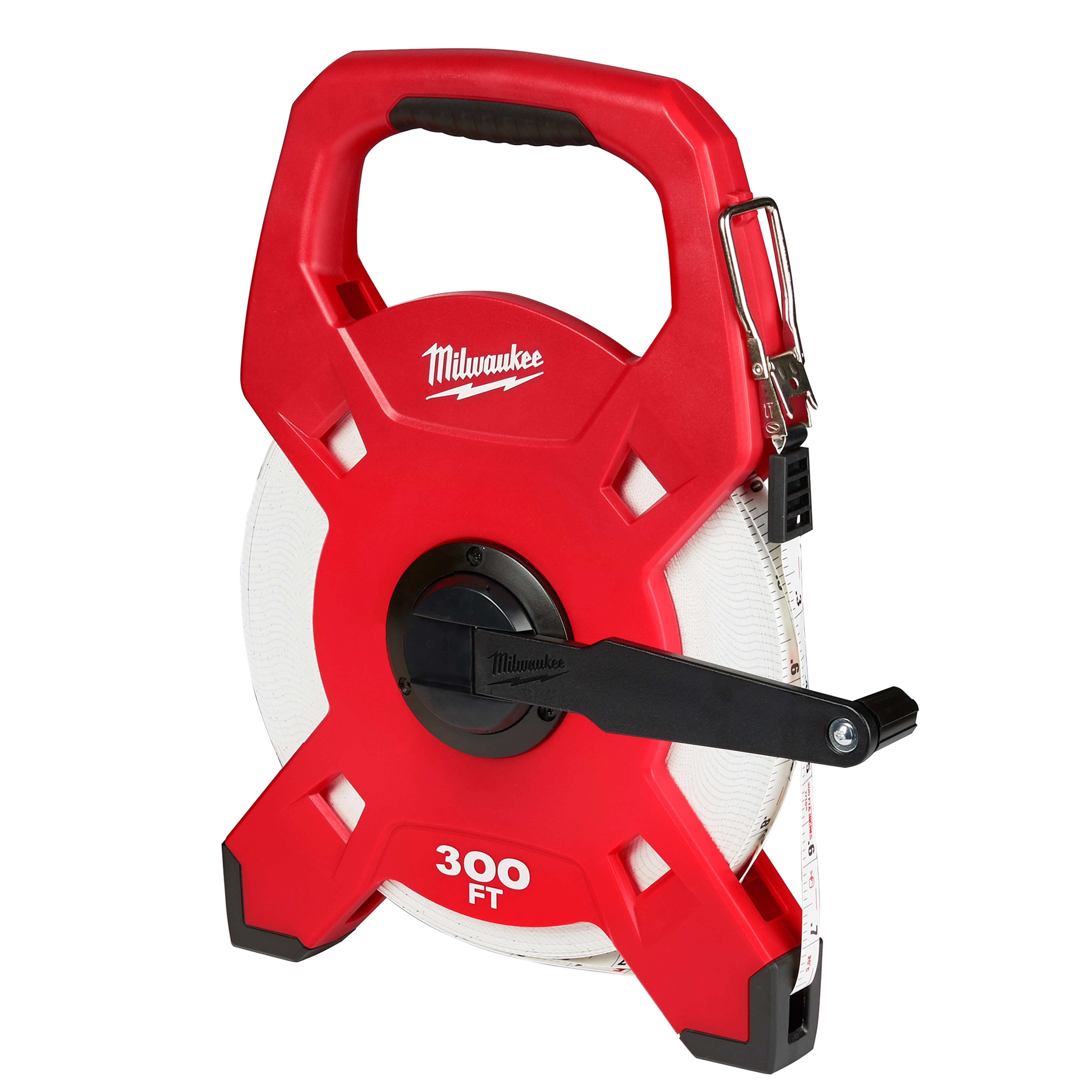 Red 300ft Fiberglass Long Tape with ergonomic handle, black winding crank, and durable construction for precise long-distance measurements.