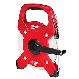 Red 300ft Fiberglass Long Tape with ergonomic handle, black winding crank, and durable construction for precise long-distance measurements.