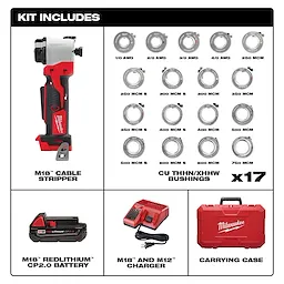 The M12 & M18 Cable Stripper Kit with 17 Cu THHN / XHHW Bushings includes a cable stripper, bushings, battery, charger, and carrying case.