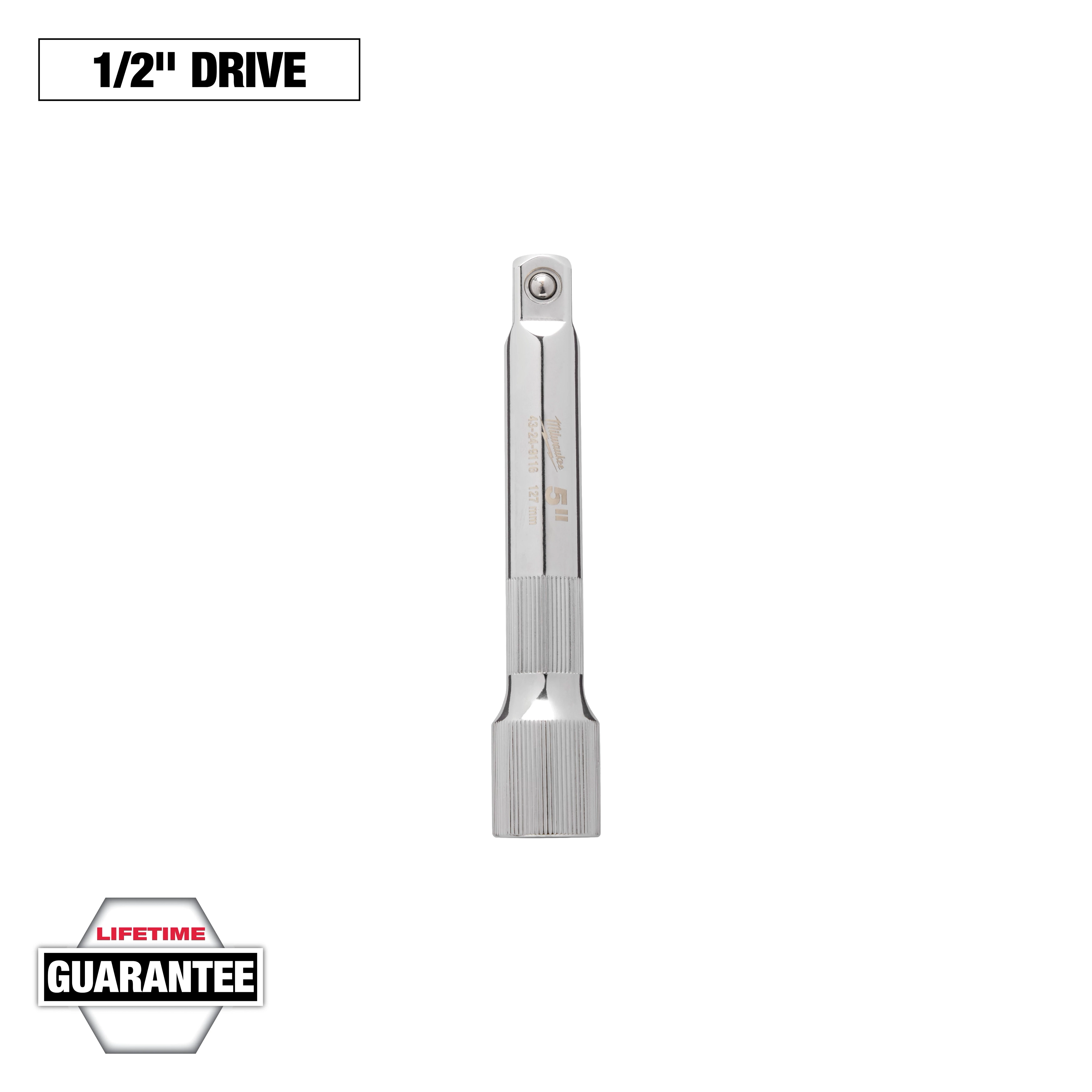 The image shows a 1/2" drive extension tool with a chrome finish. It features a knurled grip for easy handling, and the text "LIFETIME GUARANTEE" is highlighted at the bottom. The tool is designed for use with sockets.