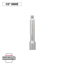 The image shows a 1/2" drive extension tool with a chrome finish. It features a knurled grip for easy handling, and the text "LIFETIME GUARANTEE" is highlighted at the bottom. The tool is designed for use with sockets.