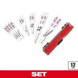 Milwaukee 12-piece reciprocating saw blade set includes various blade types for wood and metal cutting. The set features blades labeled Ax, Torch, and Wrecker, housed in a red storage case with Milwaukee branding. All blades have American flags indicating they are made domestically.