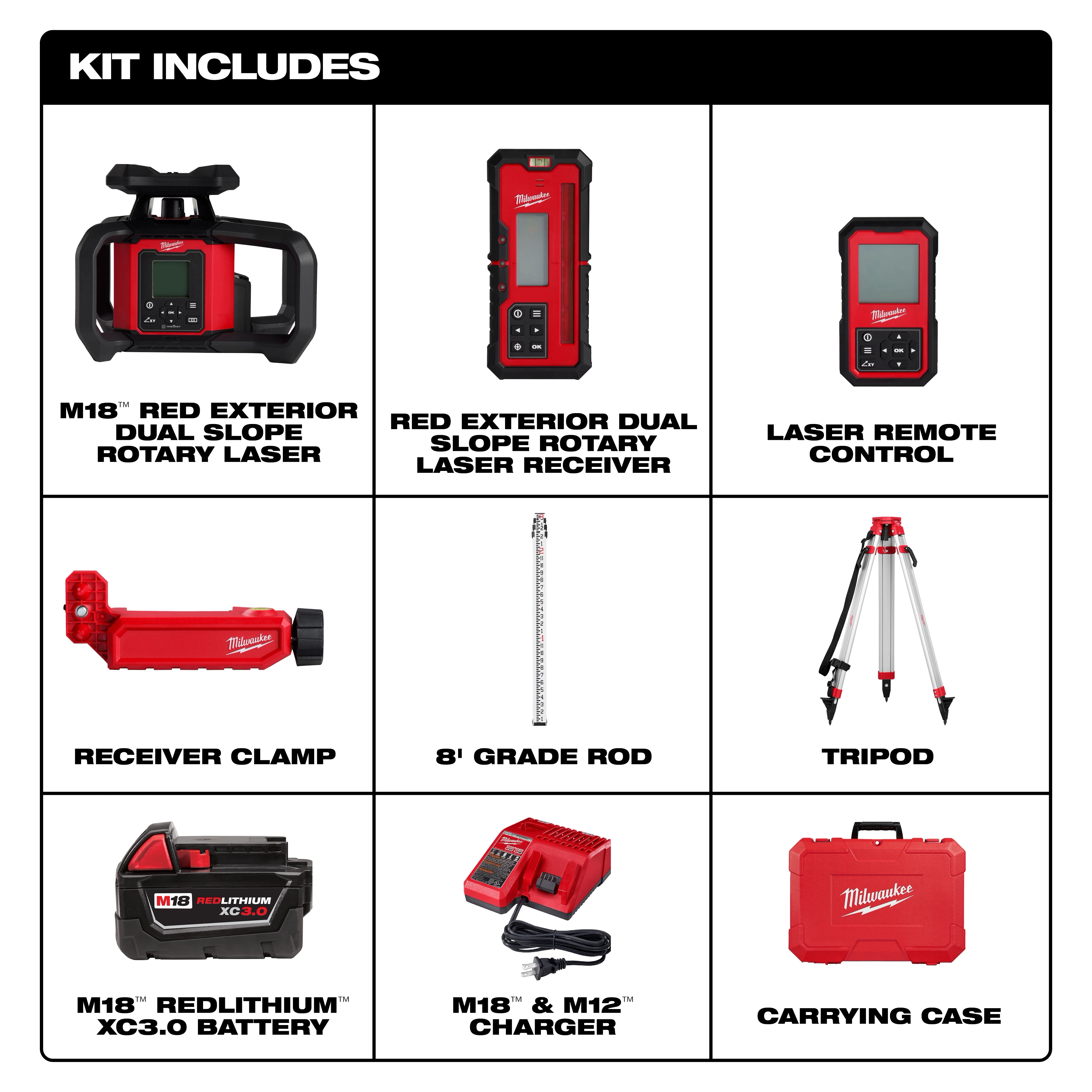 M18™ Red Exterior Dual Slope Rotary Laser Level Kit w/ Receiver, Remote, Grade Rod & Tripod Includes