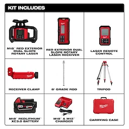 M18™ Red Exterior Dual Slope Rotary Laser Level Kit w/ Receiver, Remote, Grade Rod & Tripod Includes