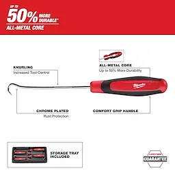 This image showcases a Milwaukee hook tool with an all-metal core, providing up to 50% more durability. It features a knurling for increased tool control, a chrome-plated finish for rust protection, and a comfort grip handle. A storage tray is included, and there is a lifetime guarantee.