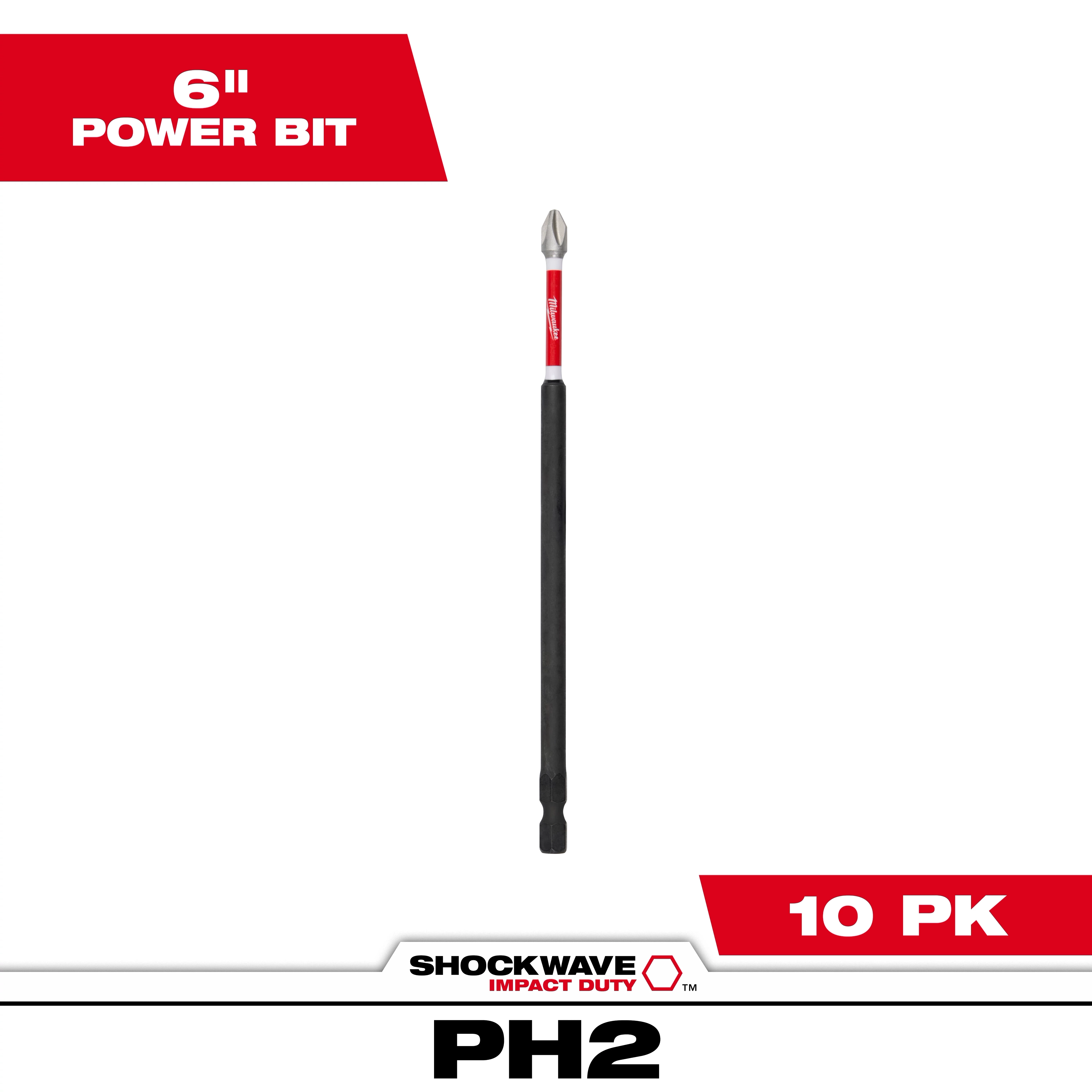 The image shows a SHOCKWAVE™ 6” Impact Duty Phillips #2 Power Bit from a bulk pack of 10. The bit is black with a red and white label, designed for heavy-duty use.