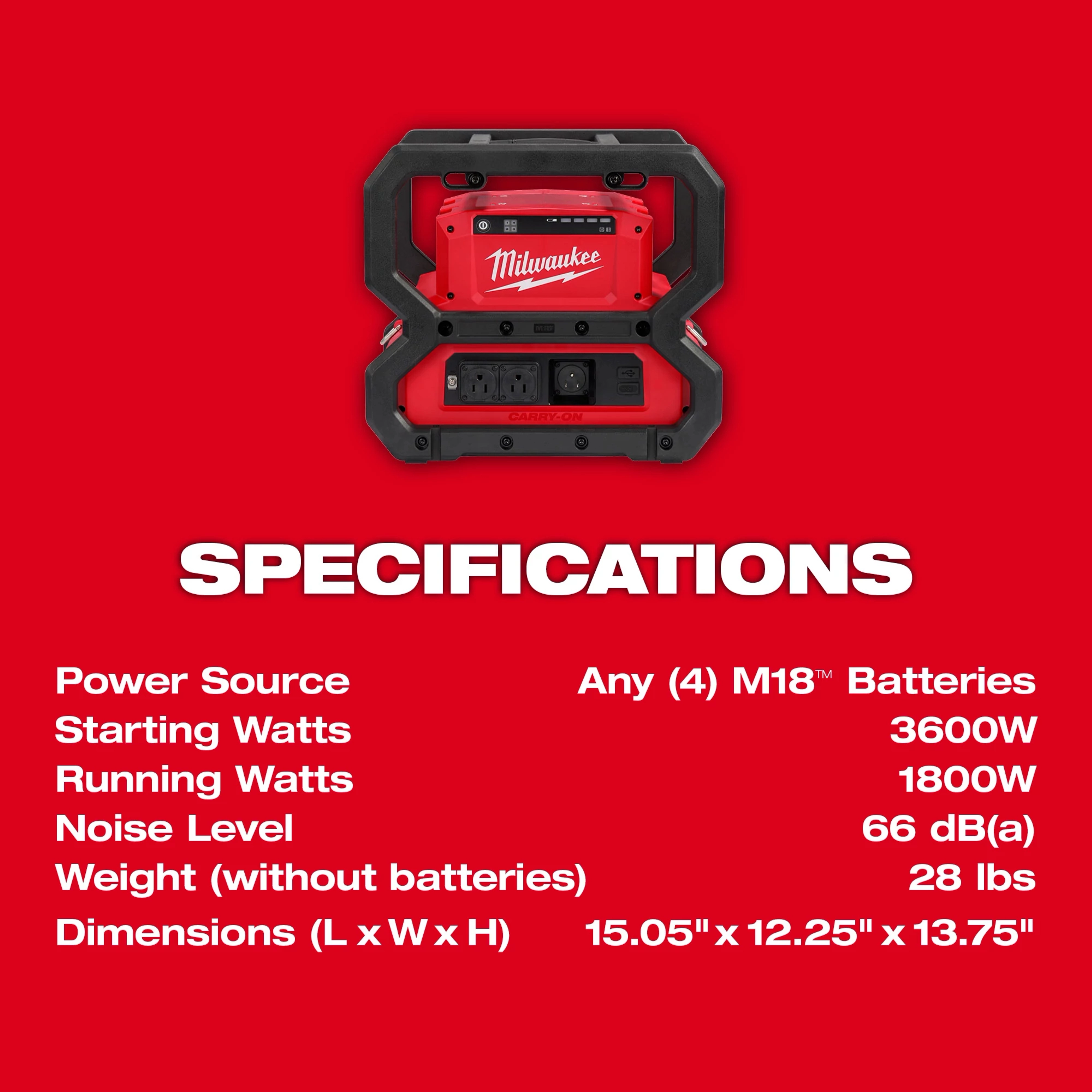 M18 CARRY-ON Power Supply specifications include 3600W starting watts, 1800W running watts, 66 dB(a) noise level, and 28 lbs weight. Dimensions: 15.05"x12.25"x13.75".