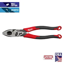 9" Lineman's Comfort Grip Pliers with Crimper and Bolt Cutter, featuring red and black handles, made in the USA with a lifetime guarantee.