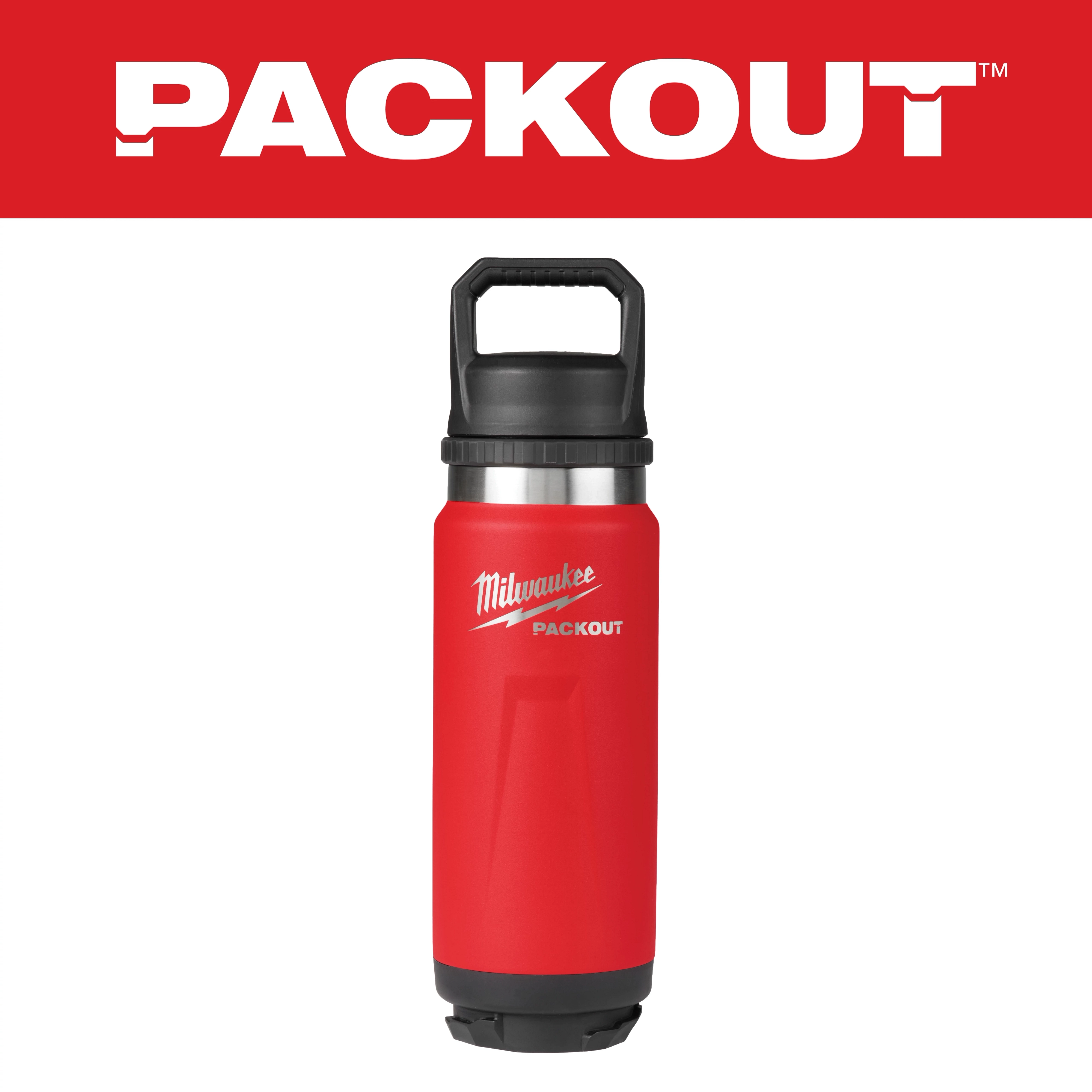 Milwaukee Packout Primary Image shows a red insulated water bottle with a black lid and handle, featuring the Milwaukee logo.